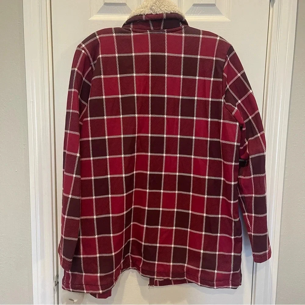 LL Bean Jacket Womens MP Red Plaid Sherpa Lined Open Pocket Collared Heavyweight